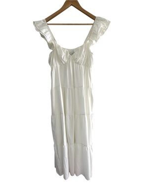 White Cottagecore Milkmaid Ruffle Midi Dress Romantic Tiered NWT